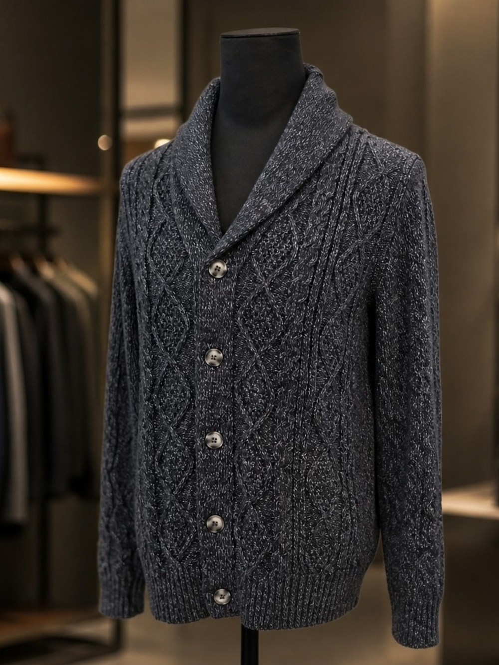 Blank NYC Men's Shawl Collar Cable Cardigan in Navy Heather